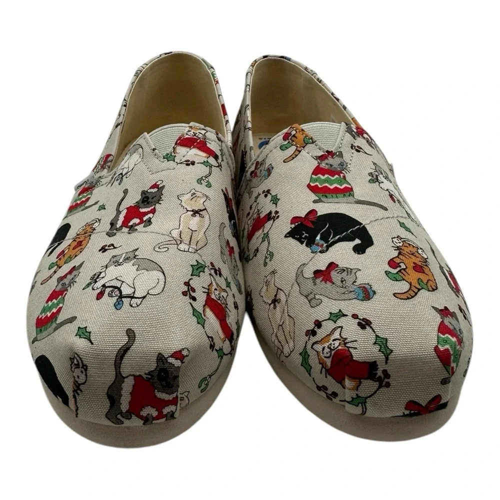 Toms Belmont Christmas Cats Shoes Womens 7.5 Gray Holiday‎ Slip On Shoes